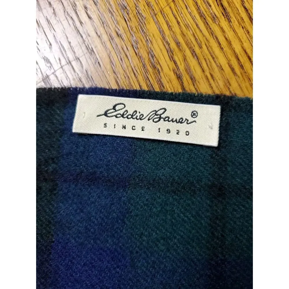 Vintage Eddie Bauer 100% Wool Scarf Fringe PLAID‎ Blue Red Outdoor Holidays Men